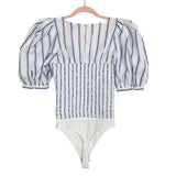 Express Blue/White Striped Button Front Puff Sleeve Thong Bodysuit NWT- Size S