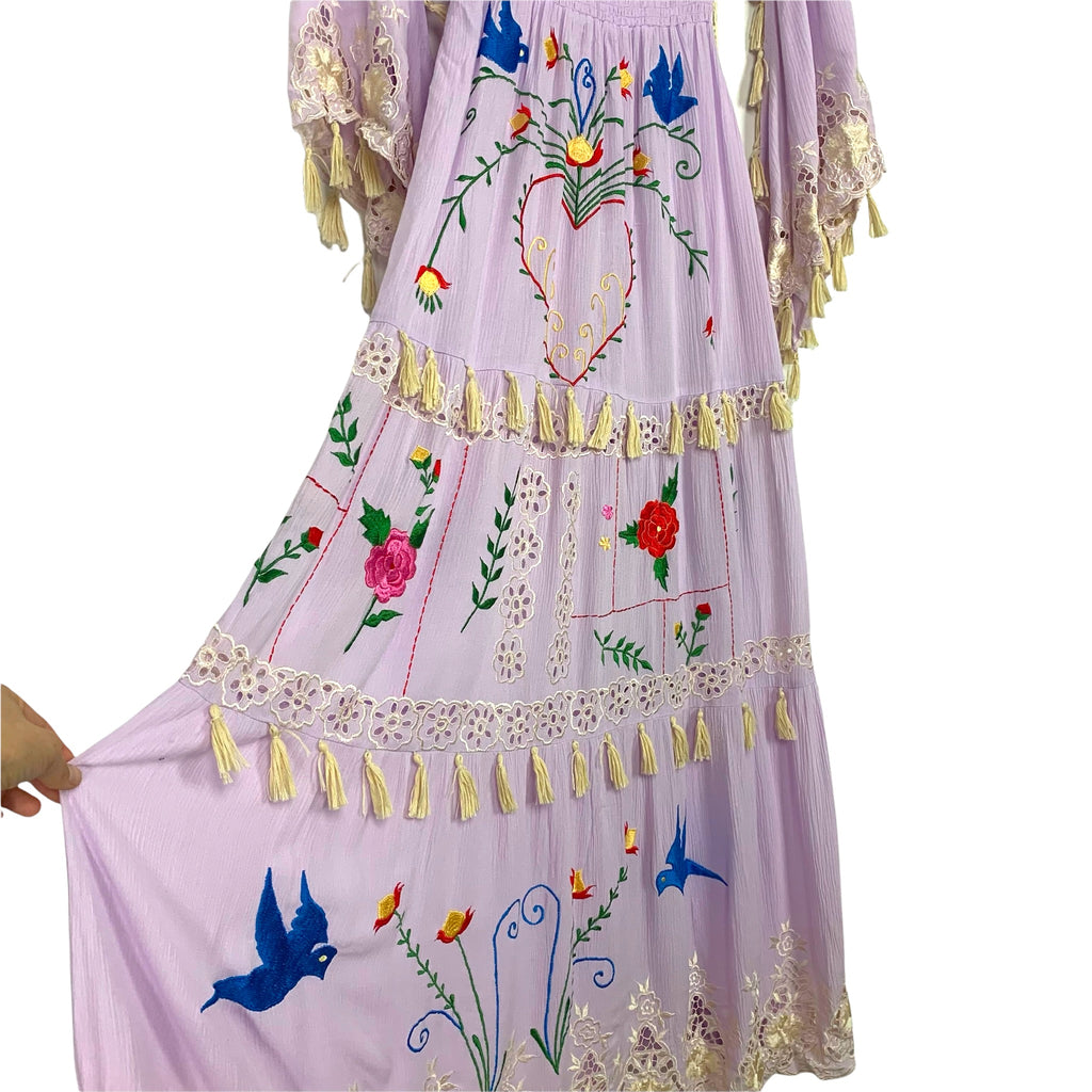 Fillyboo Purple Embroidered Tassel Smocked Waist Bell Cut Sleeve Dress The Saved Collection Fillyboo Purple Embroidered Tassel Smocked Waist Bell Cut Sleeve Dress The Saved Collection