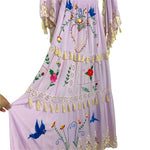 Fillyboo Purple Embroidered Tassel Smocked Waist Bell Cut Sleeve Dress- Size XS