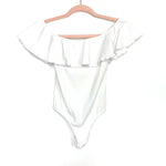 Lovers + Friends White Ribbed Off the Shoulder Ruffle Pull Up Thong Bodysuit- Size XS