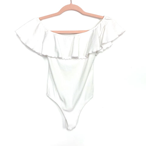 Lovers + Friends White Ribbed Off the Shoulder Ruffle Pull Up Thong Bodysuit- Size XS