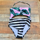 No Brand Pink Palm Print Black/White Stripe Cut Out Removable Strap Swimsuit- Size ~S