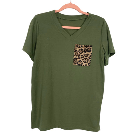 No Brand Olive Green Animal Print Front Pocket V-Neck Top- Size ~S (See Notes)