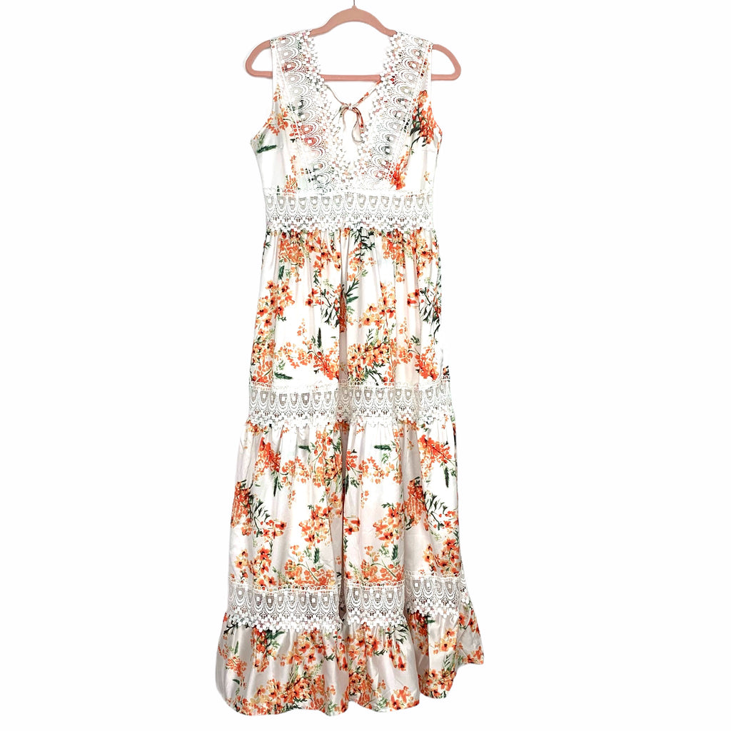 Shein White and Orange Floral Crochet Lace Trim Tie Back Maxi Dress- S The Saved Collection Shein White and Orange Floral Crochet Lace Trim Tie Back Maxi Dress- S The Saved Collection