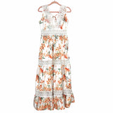 Shein White and Orange Floral Crochet Lace Trim Tie Back Maxi Dress- Size S