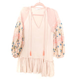 Goodnight Macaroon Nude Pink Embroidered And Floral Balloon Sleeve Mini Dress With Tassel- Size S