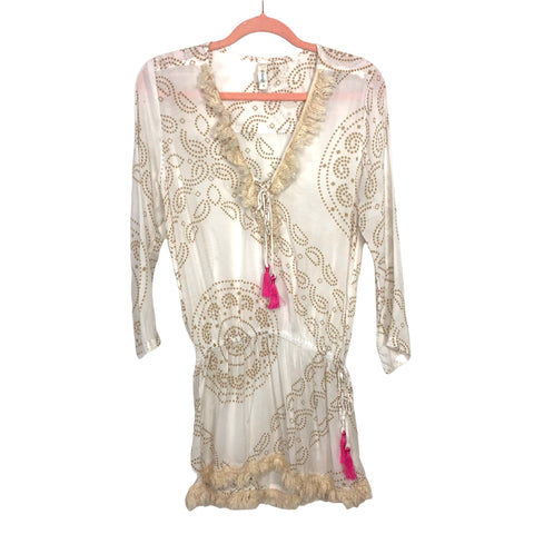 Cool Change Cream Beach Cover Up With Hot Pink Tassels and Fringe- Size S (See Notes)