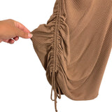 Lush Mocha Ribbed Knit Drawstring Cinched Side with Padded Shoulders Mini Dress NWT- Size S
