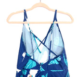 No Brand Blue Green/White Leaf Faux Wrap Criss Cross Back Romper (Looks like a dress!)- Size M