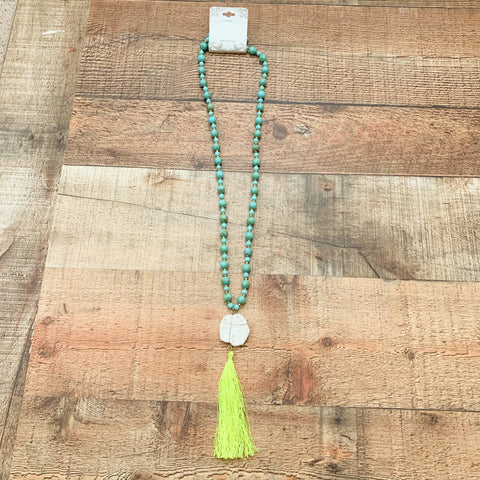 Icon Collection Turquoise Beaded Neon Green Tassel Necklace NWT