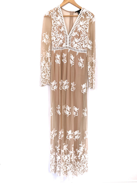 Forever 21 Nude Maxi Dress with White Embroidered Lace- Size S Forever 21 Nude Maxi Dress with White Embroidered Lace- Size S