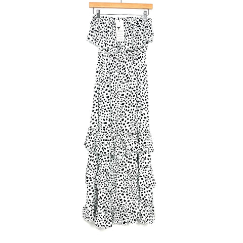 Yidarton White/Black Dot Off The Shoulder Front High Slit Dress NWT- Size S