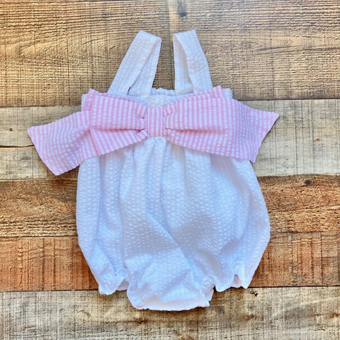 Cecil & Lou White Bubble with Pink and White Striped Front Bow- Size 12M
