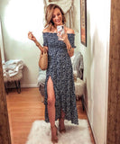 Lulus Navy Floral Smocked Off the Shoulder Dress- Size XS