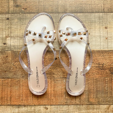 Wild Diva Lounge Bow Jelly Clear with Gold Studs Sandals- Size 7 (great condition)