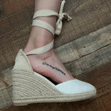 No Brand Neutral Canvas Lace Up Ankle Wedge- Size 38 (Like New)