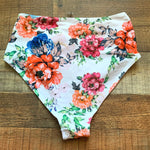 JJ Queen White Floral Side Ruched High Waist Bikini Bottom- Size S