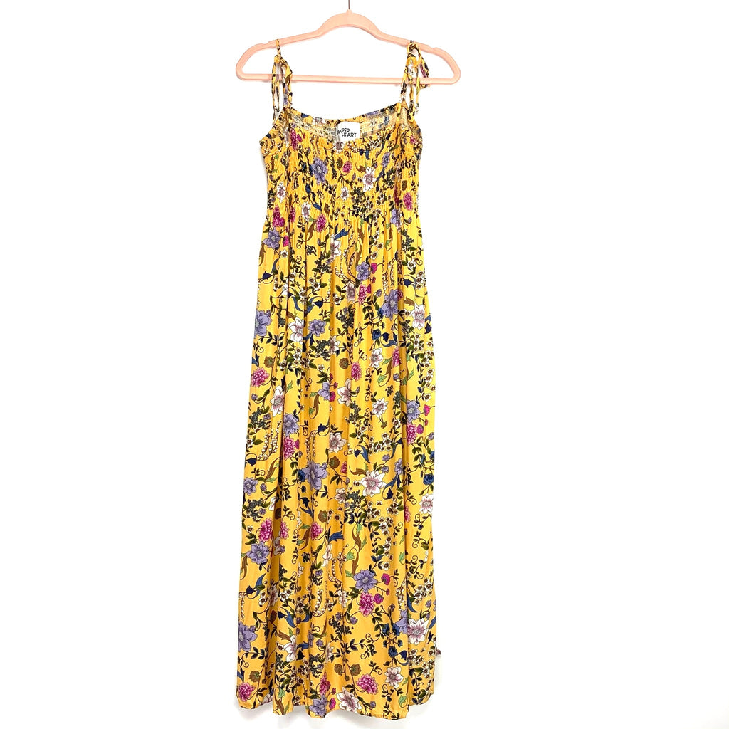 Paper Heart Yellow Floral Smocked Bodice Shoulder Tie Dress- Size 14  The  Saved Collection