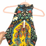 Free People Dark Combo Print Tie Halter Smocked Hem Blouse NWT- Size XS