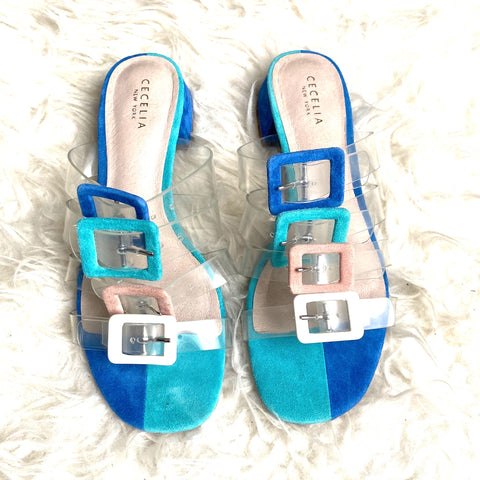 Cecelia Blue Clear Strap Mini Block Heels- Size 8.5