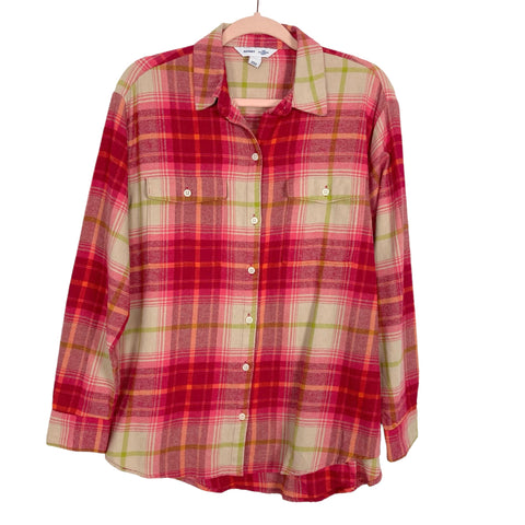 Old Navy Bright Red/Pink/Green The Boyfriend Shirt Flannel Button Up NWT- Size M