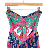 Magnolia Boutique Navy Floral Front and Back Cutout Wide Leg Strapless Jumpsuit- Size S (see notes)