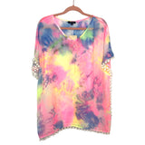 CPOKRTWSO Sheer Colorful Pom Pom Trim Cover Up NWT- Size S/M