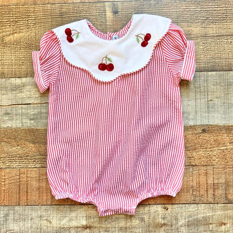 Sweet Dreams Red and White Embroidered Cherry Collared Bubble- Size 9M