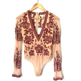 Honey Punch Deep V Floral Embroidered Sheer Sleeves and Back Bodysuit NWT- Size S