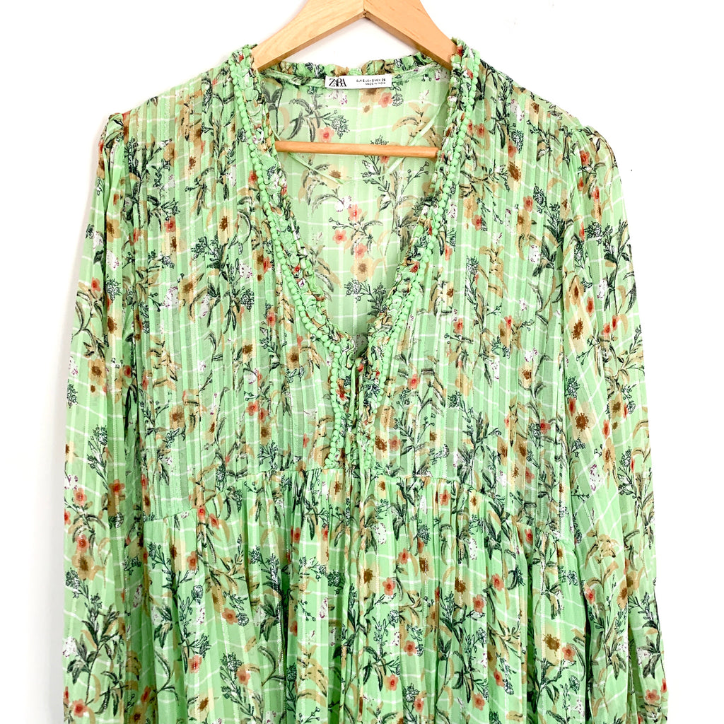Zara Light Green Floral Maxi Dress with Metallic Details- Size S The Saved Collection Zara Light Green Floral Maxi Dress with Metallic Details- Size S The Saved Collection