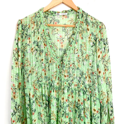 Zara Light Green Floral Maxi Dress with Metallic Details- Size S – The Saved Collection Zara Light Green Floral Maxi Dress with Metallic Details- Size S – The Saved Collection