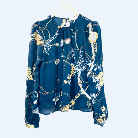 Leyden Blue/Gold Chain Print Blouse NWT- Size S