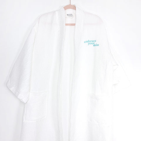 Apollo White Embroidered "Embrace Your Skin" Front Pocket Quilted Long Robe- One Size (see notes)