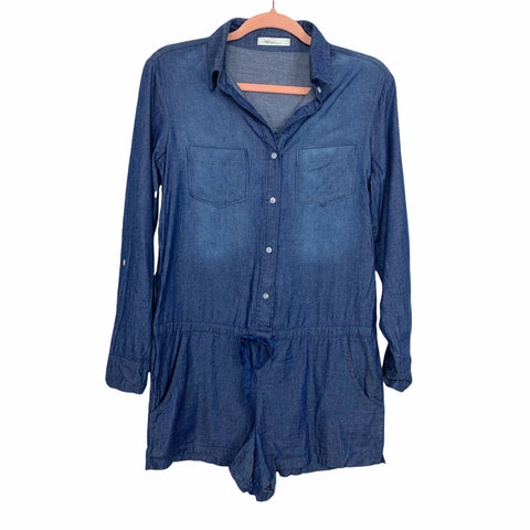 Win Win Apparel Chambray Button Up Drawstring Roll Tab Sleeve Romper- Size S