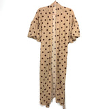 Amaryllis Tan/Brown Polka Dot Puff Sleeve Side Slit Belted Duster- Size L