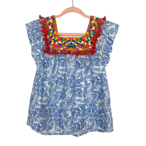 THML Colorful Embroidered Tassel White and Blue Printed Top NWT- Size XS