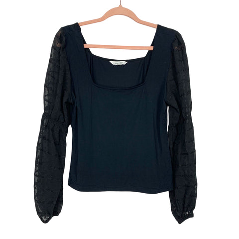 Amaryllis Black Square Neck Mesh Sleeve Top- Size XL