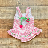 Florence Eiseman Pink and White Striped Strawberry Print Swimsuit- Size 9M