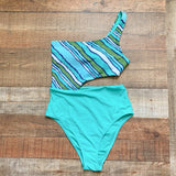 Aerie Greens/White Striped One Shoulder Side Cutout Padded Cheeky One Piece NWT- Size S