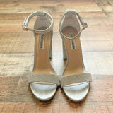 Steve Madden Silver Rhinestone Ankle Strap Block Heel Sandals- Size 7