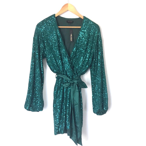 Miss Avenue Green Faux Wrap Sequins Satin Belted Dress NWT- Size S