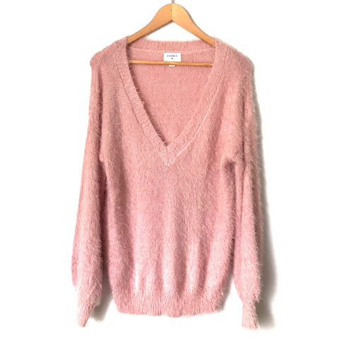 Everly Pink Fuzzy V Neck Sweater- Size S
