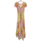 Olivaceous Burnt Orange/Purple/Lime Printed Drawstring Waist High/Low Dress- Size S