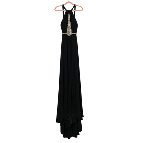 Rachel Allan Prima Donna Black Rhinestone Mesh Center Gown with Train- Size 2 (see notes)