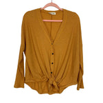 Peach Love Mustard Waffle Knit Front Tie Top- Size S