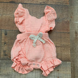 No Brand Baby Girl Pink Faux Drawstring Romper- Size ~0-3M (see notes)