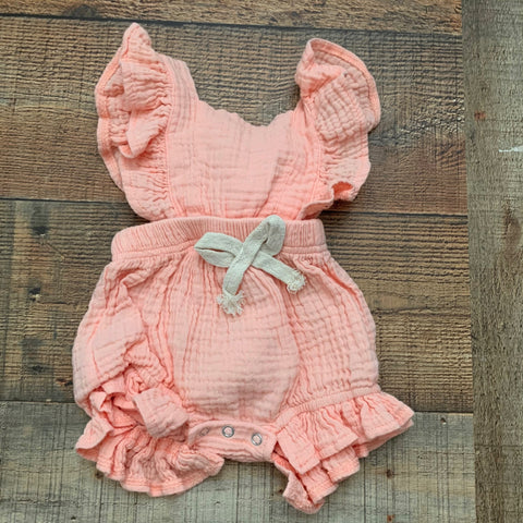 No Brand Baby Girl Pink Faux Drawstring Romper- Size ~0-3M (see notes)