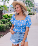 All In Favor Blue Floral Smocked Off The Shoulder Top (NWT)- Size S