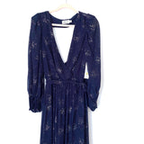 Eliza J Navy Silver Beaded V-Neck Sheer Balloon Sleeve Exposed Back Maxi Dress NWT- Size 14