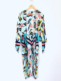 Express Teal, Coral and Yellow Leaf Kimono- OSFM
